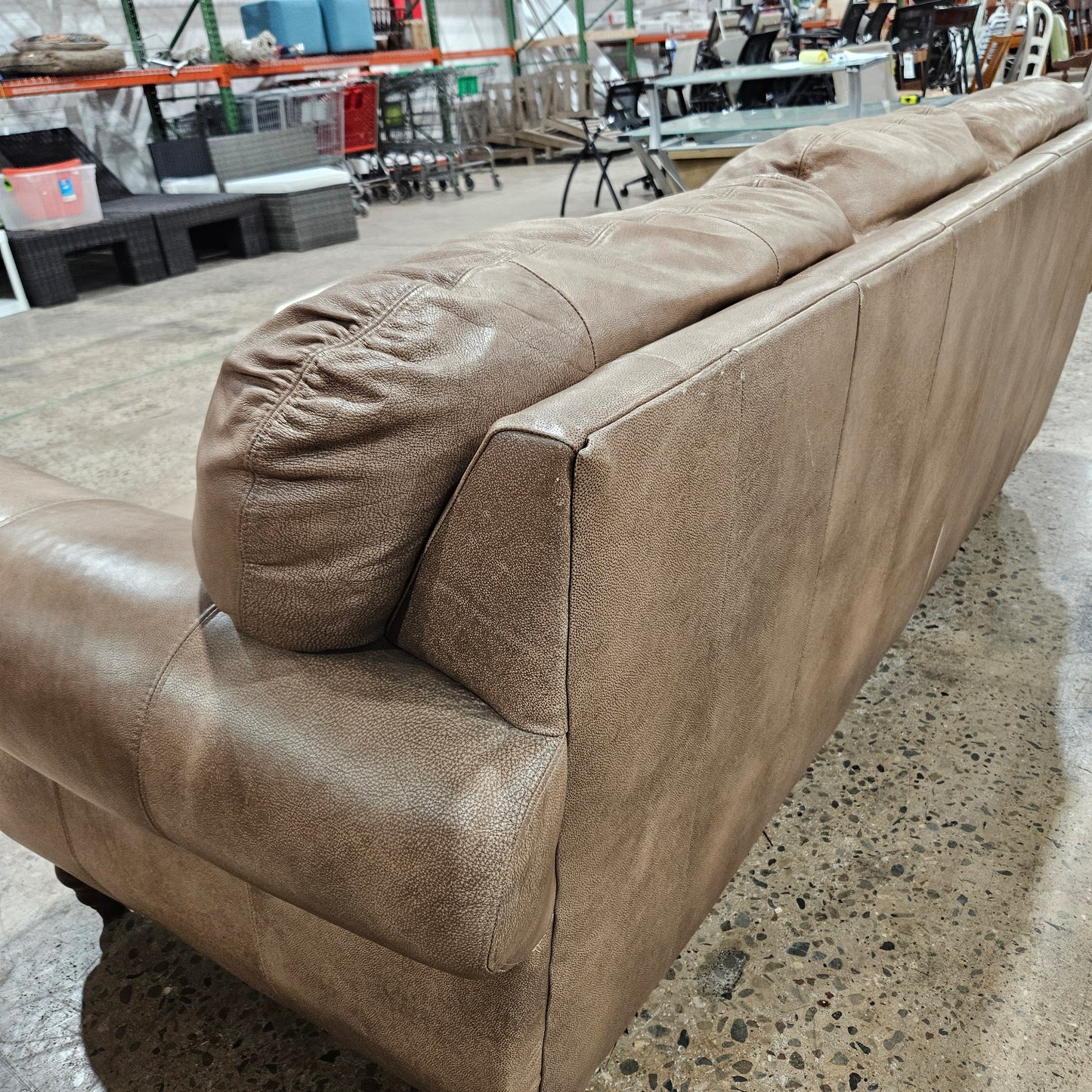 Light Brown Studded Distressed Leather Sofa