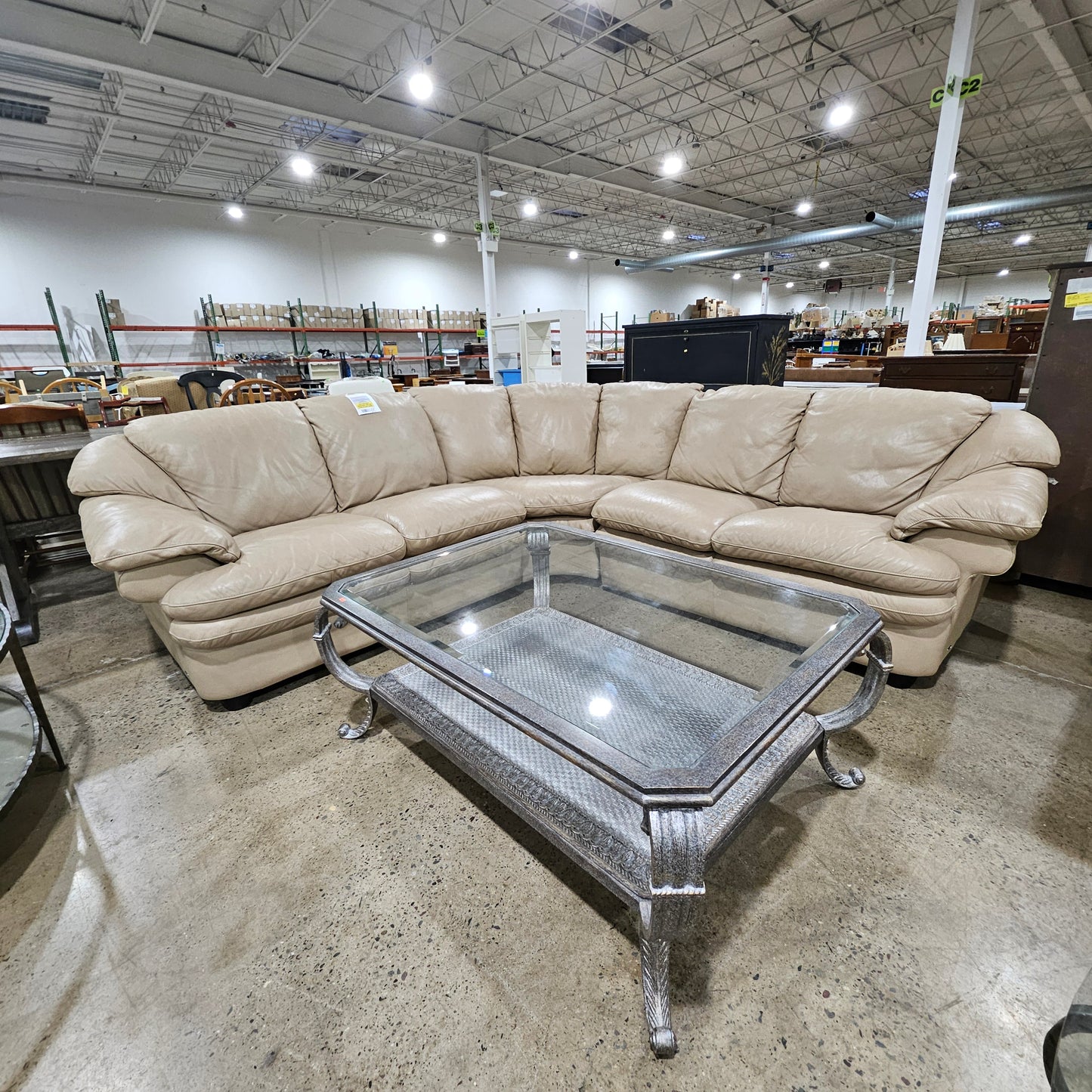 Natuzzi Beige Leather Sectional Couch Sofa