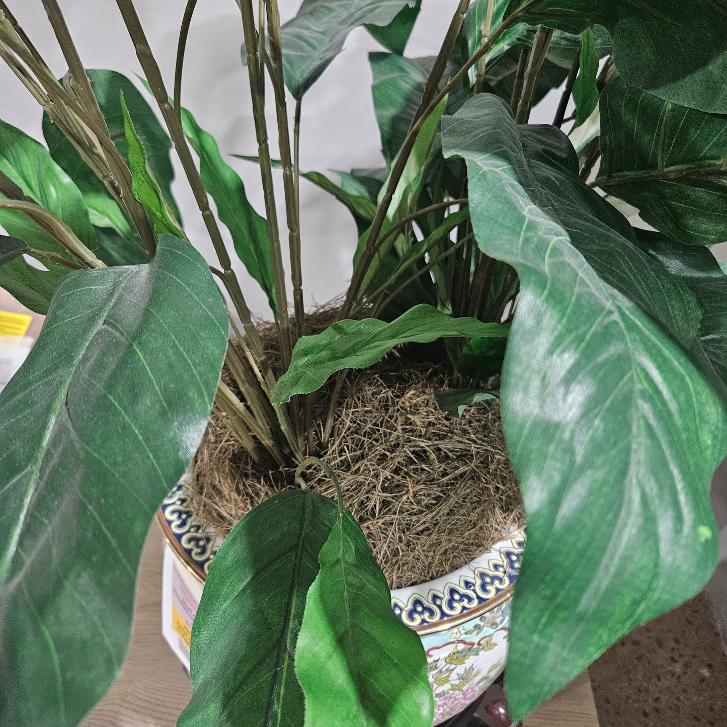 Chinese Porcelain Koi Bowl Planter with Faux Plant and Stand