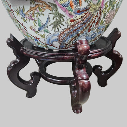 Chinese Porcelain Koi Bowl Planter with Faux Plant and Stand