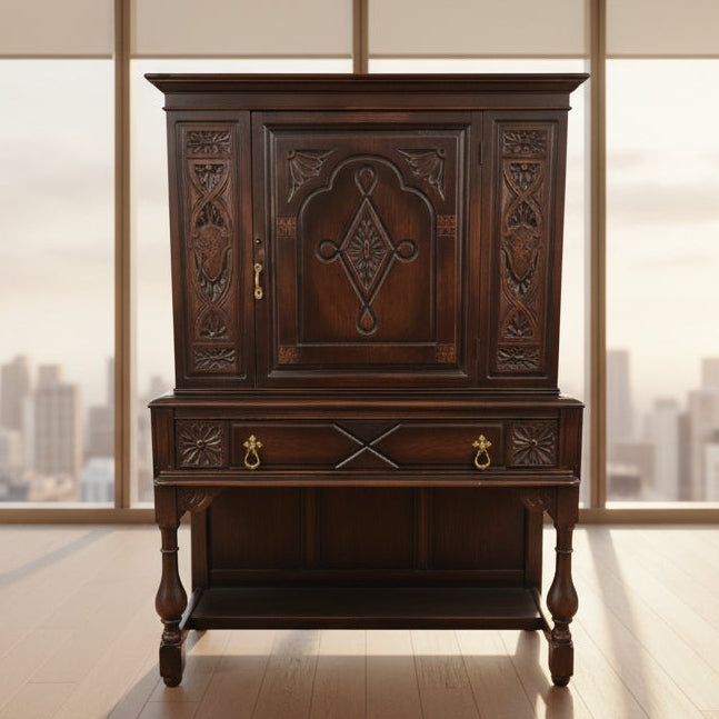 Decorative wooden cabinet with intricate carvings in a room setting.