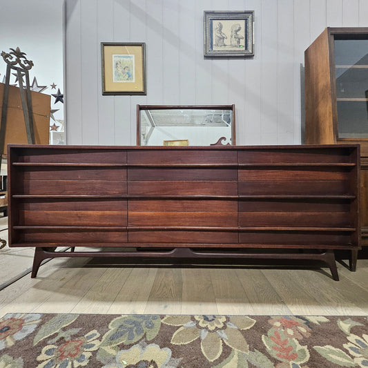 Young Manufacturing Mid Century Walnut Curved Lowboy 9 Drawer Dresser with Mirror
