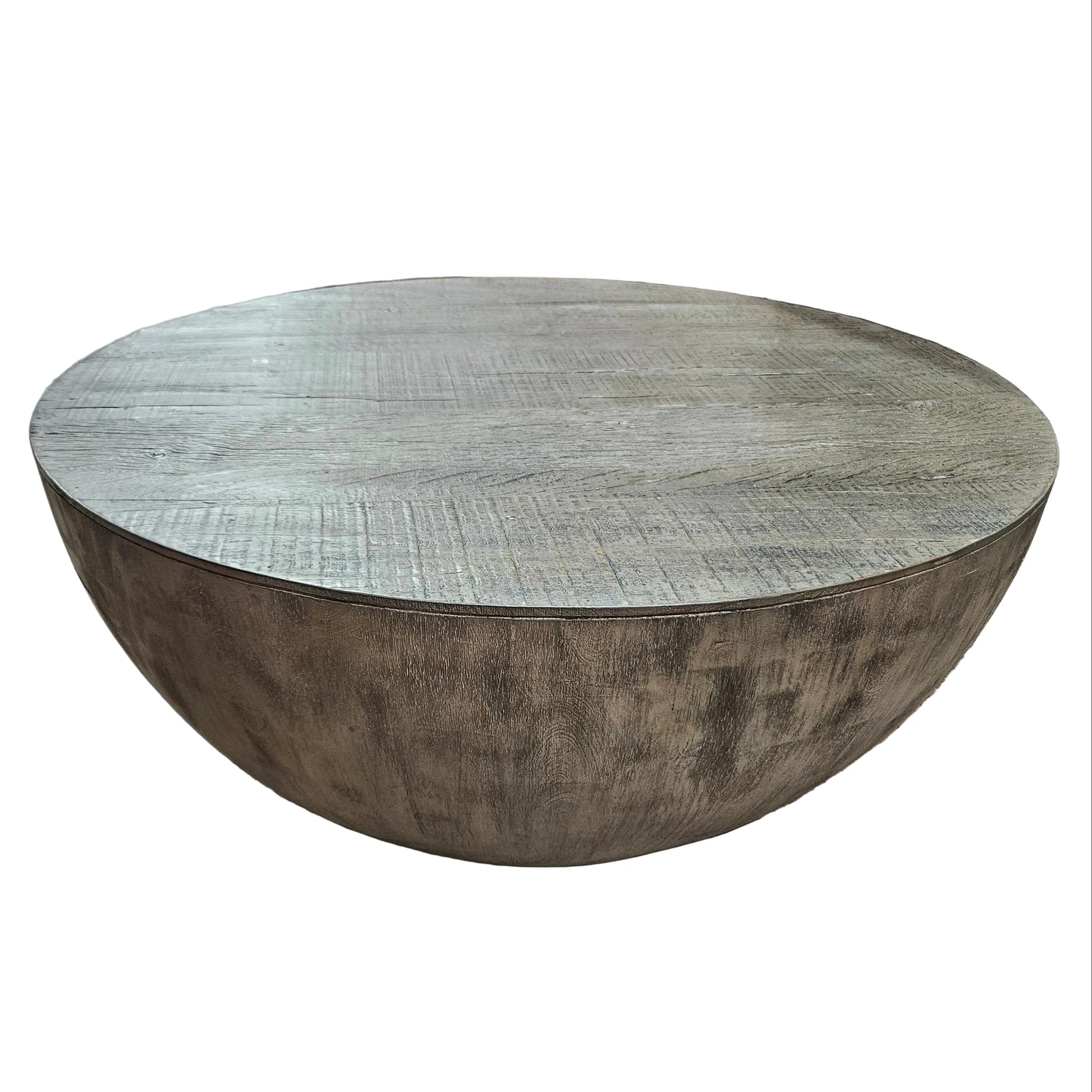 (New) 36 Inch Round Coffee Table, Handcrafted Drum Shape, Mango Wood with Olive Gray Finish