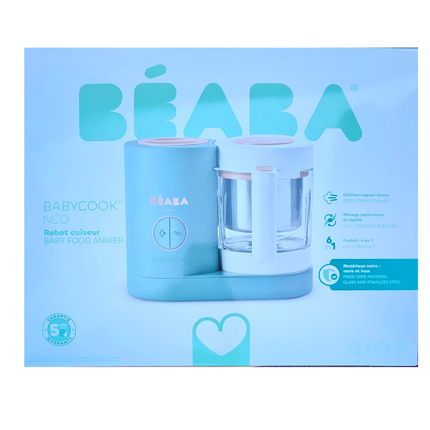 (New) BEABA Babycook Neo, Baby Food Maker, Glass Bowl Baby Food Processor, 4 in 1 Steam Cook & Blender, Stainless Steel Steam Basket, Easy Clean Reservoir, 5.5 Cup Capacity, Eucalyptus