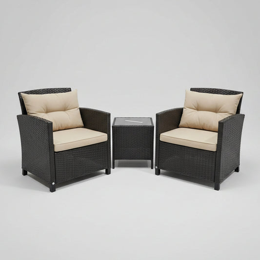 (New) 3PCS Patio Rattan Furniture Set Cushioned Conversation Set Sofa Coffee Table Beige