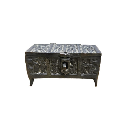 Antique Gothic Revival Solid Cast Brass Ecclesiastical Scene Medieval Art Trinket Box