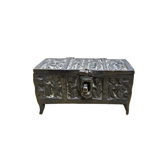 Antique Gothic Revival Solid Cast Brass Ecclesiastical Scene Medieval Art Trinket Box
