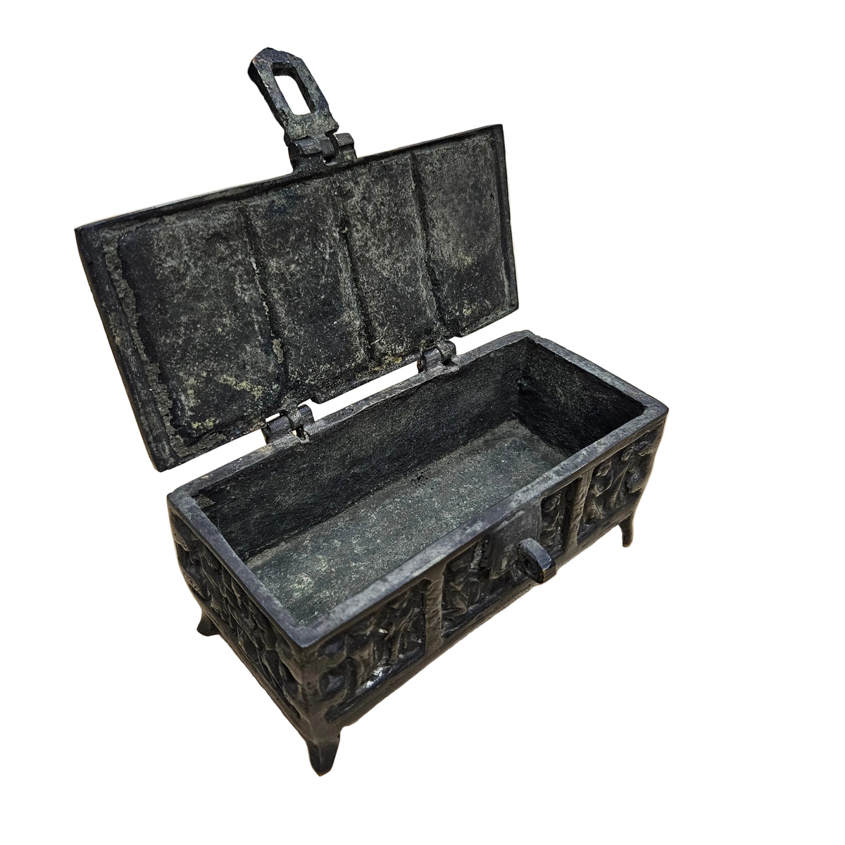 Antique Gothic Revival Solid Cast Brass Ecclesiastical Scene Medieval Art Trinket Box