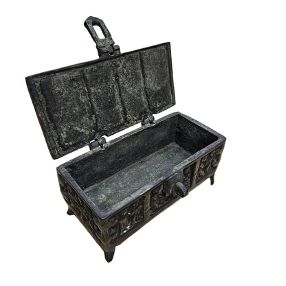 Antique Gothic Revival Solid Cast Brass Ecclesiastical Scene Medieval Art Trinket Box