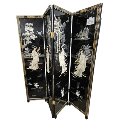 Vintage Four-Panel Chinese Black Lacquer Mother of Pearl Divider Screen