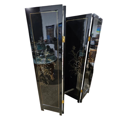 Vintage Four-Panel Chinese Black Lacquer Mother of Pearl Divider Screen