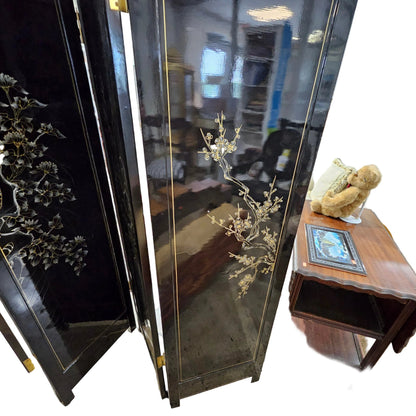 Vintage Four-Panel Chinese Black Lacquer Mother of Pearl Divider Screen