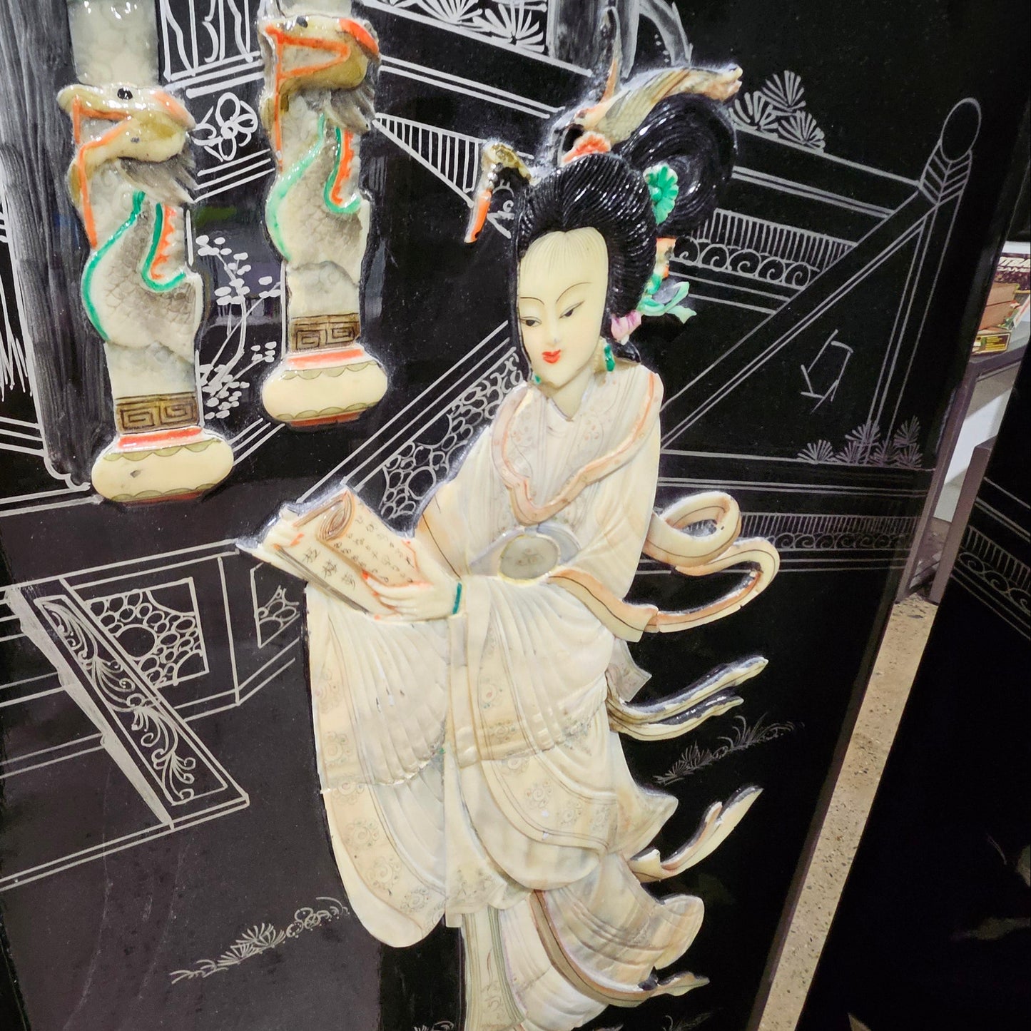 Vintage Four-Panel Chinese Black Lacquer Mother of Pearl Divider Screen