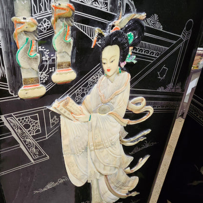 Vintage Four-Panel Chinese Black Lacquer Mother of Pearl Divider Screen