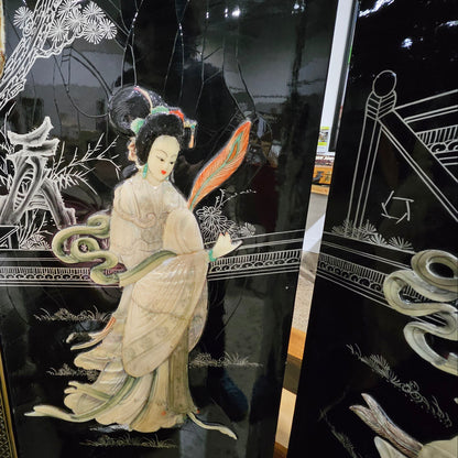 Vintage Four-Panel Chinese Black Lacquer Mother of Pearl Divider Screen