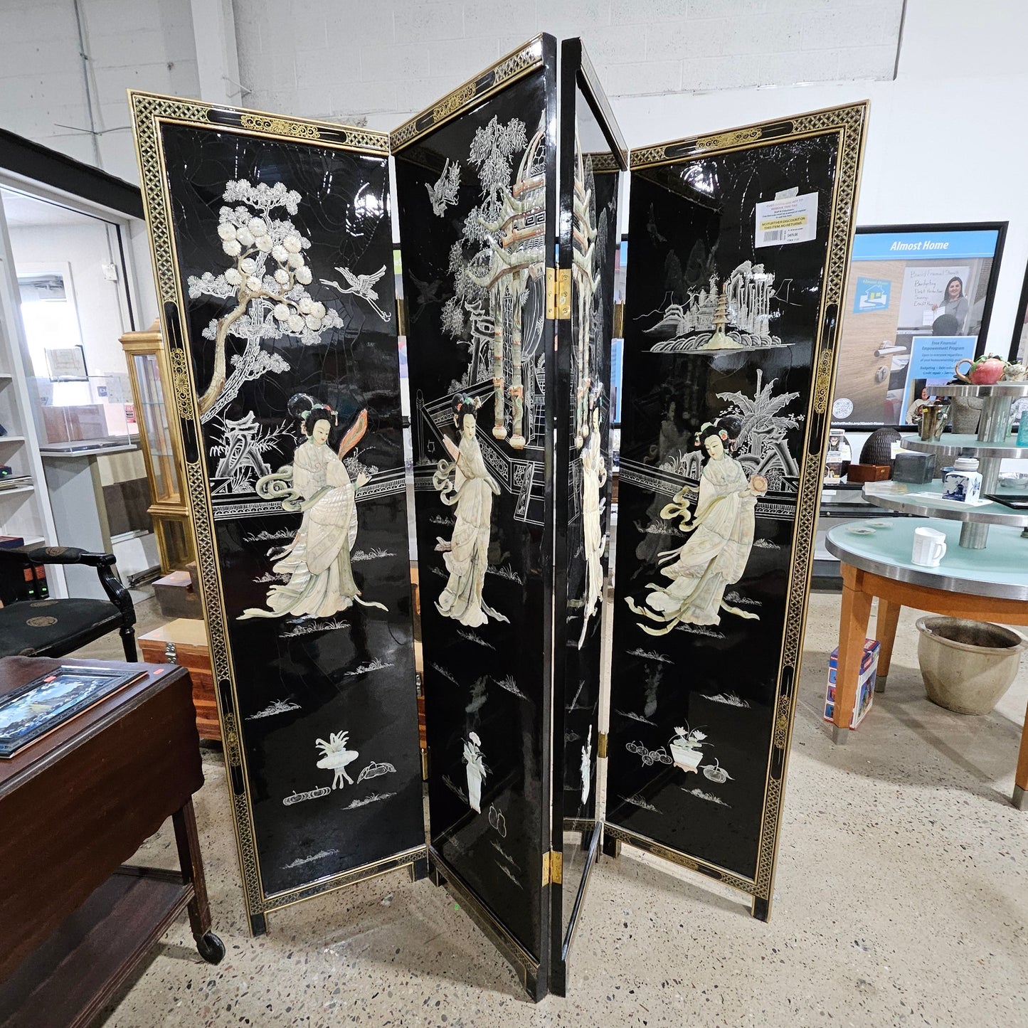 Vintage Four-Panel Chinese Black Lacquer Mother of Pearl Divider Screen