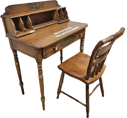 Mid-Century Hitchcock Style Cherry Writing Desk With Stenciled Fruit Decoration with Chair