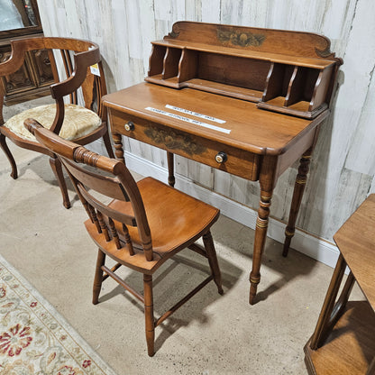 Mid-Century Hitchcock Style Cherry Writing Desk With Stenciled Fruit Decoration with Chair