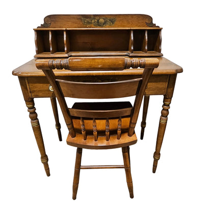 Mid-Century Hitchcock Style Cherry Writing Desk With Stenciled Fruit Decoration with Chair