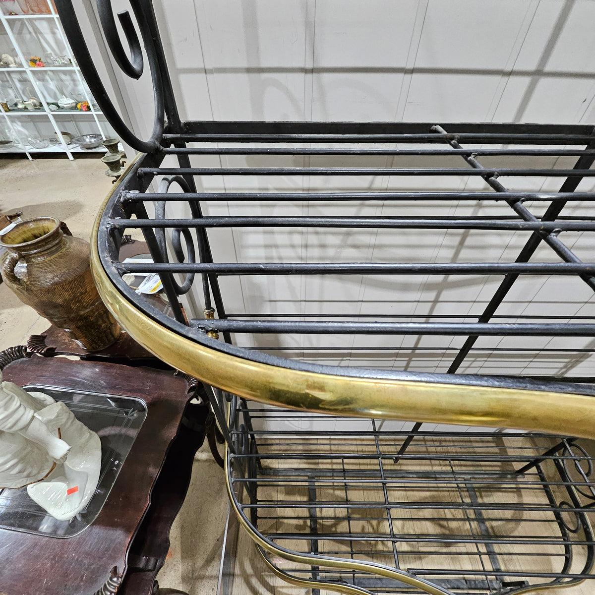 Vintage French Bakers Rack 3 Tier Scrolling Wrought Iron and Brass Etagere