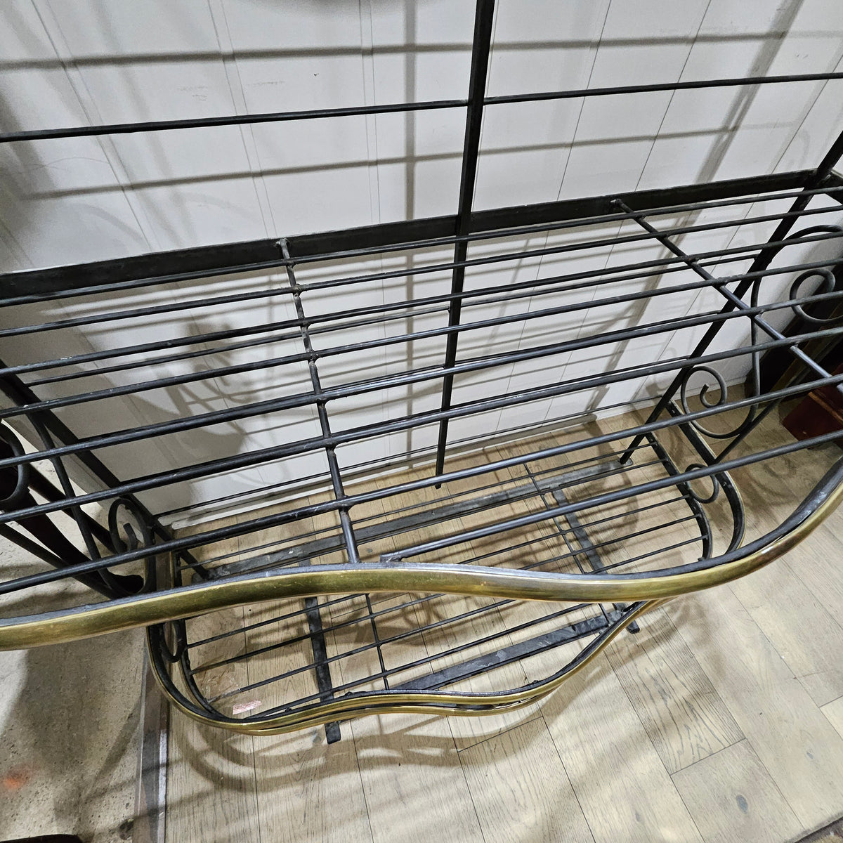Vintage French Bakers Rack 3 Tier Scrolling Wrought Iron and Brass Etagere