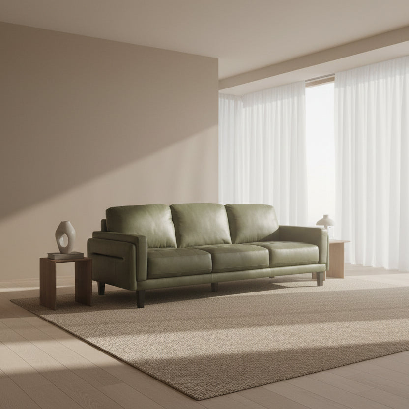 Chateau d'Ax Leather Stationary Sofa in Olive