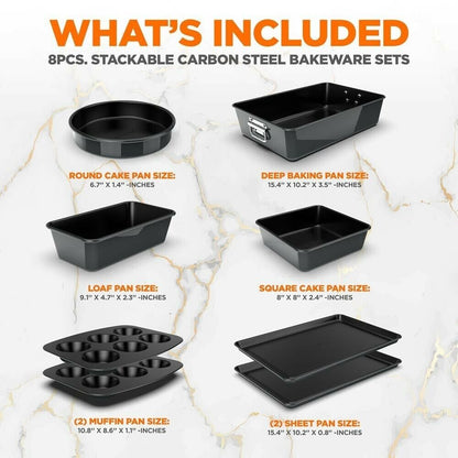 (New) Nutrichef 8pcs. Stackable Carbon Steel Bakeware Sets - Non-Stick Coating (Black)