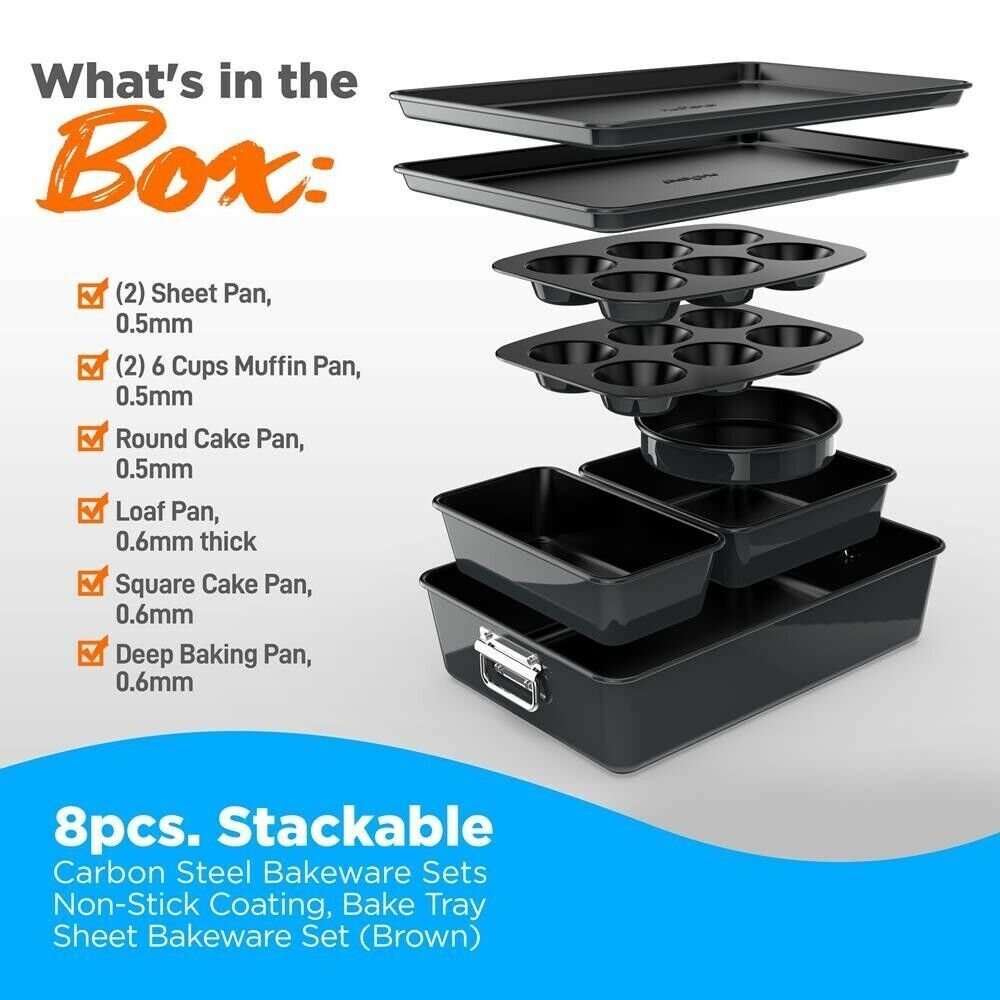 (New) Nutrichef 8pcs. Stackable Carbon Steel Bakeware Sets - Non-Stick Coating (Black)