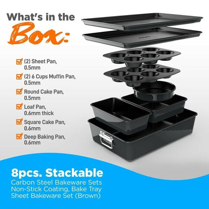 (New) Nutrichef 8pcs. Stackable Carbon Steel Bakeware Sets - Non-Stick Coating (Black)