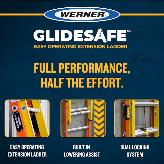 Werner Glidesafe 28-ft ( 27-ft Reach Height ) Fiberglass Type 1A - 300 lbs. Load Capacity Extension Ladder