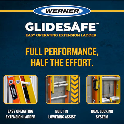 Werner Glidesafe 28-ft ( 27-ft Reach Height ) Fiberglass Type 1A - 300 lbs. Load Capacity Extension Ladder
