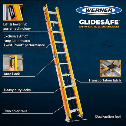 Werner Glidesafe 28-ft ( 27-ft Reach Height ) Fiberglass Type 1A - 300 lbs. Load Capacity Extension Ladder