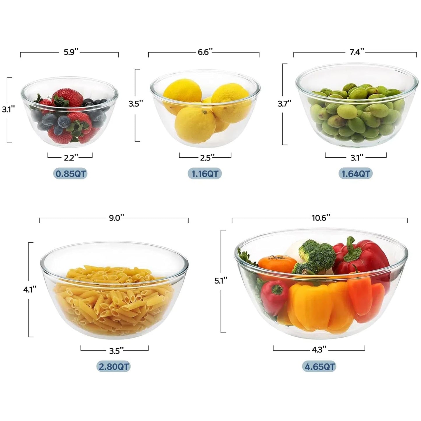 (New) 5pc Glass Mixing Bowls with Lids Set (4.65QT, 2.80QT, 1.64QT, 1.16QT, 0.85QT), Nesting Salad Bowl, Large Glass Mixing Bowl for Cooking, Baking, Prepping-Dishwasher Microwave Freezer Safe