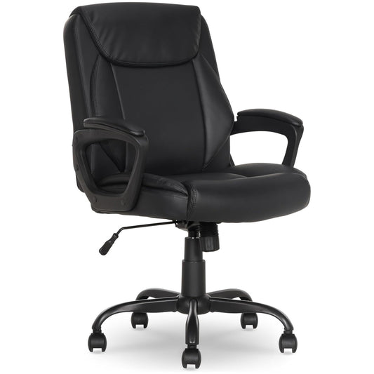 (New) Puresoft PU Padded Mid-Back Office Desk Chair with Armrest, Easy Assembly, Sturdy Metal Base, Wheels, 275lb Support