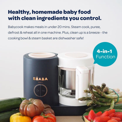 (New) BEABA Babycook Neo, Baby Food Maker, Glass Bowl Baby Food Processor, 4 in 1 Steam Cook & Blender, Stainless Steel Steam Basket, Easy Clean Reservoir, 5.5 Cup Capacity, Eucalyptus