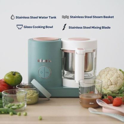 (New) BEABA Babycook Neo, Baby Food Maker, Glass Bowl Baby Food Processor, 4 in 1 Steam Cook & Blender, Stainless Steel Steam Basket, Easy Clean Reservoir, 5.5 Cup Capacity, Eucalyptus