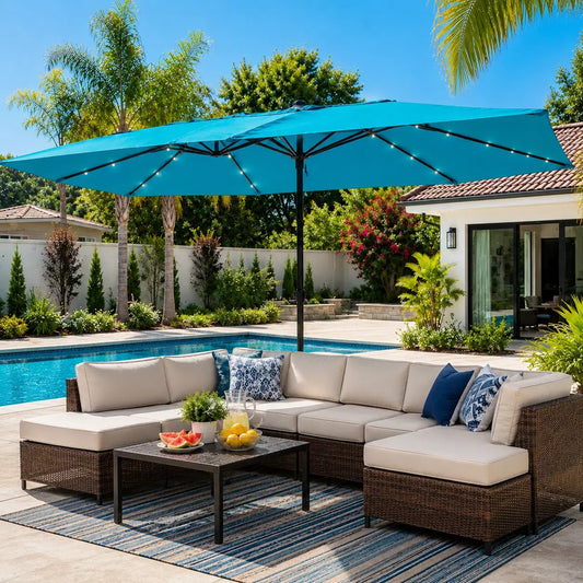 (New) Costway 15 Ft. Double-Sided Patio Umbrella with 48 Solar-Powered LED Lights, Turquoise