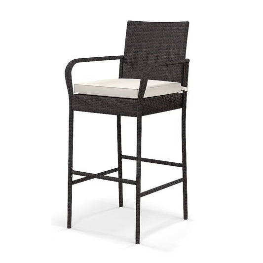 (New) Wicker Brown Rattan Frame Stationary Bar Stool Chair with White Solid Seat