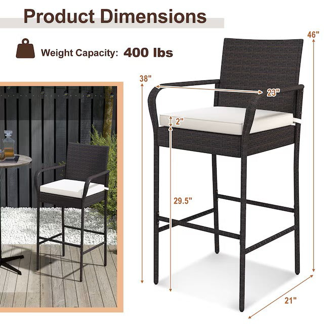 (New) Wicker Brown Rattan Frame Stationary Bar Stool Chair with White Solid Seat