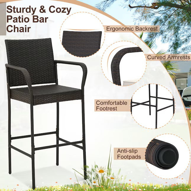 (New) Wicker Brown Rattan Frame Stationary Bar Stool Chair with White Solid Seat