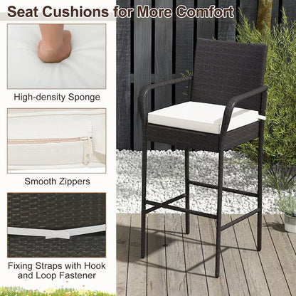 (New) Wicker Brown Rattan Frame Stationary Bar Stool Chair with White Solid Seat