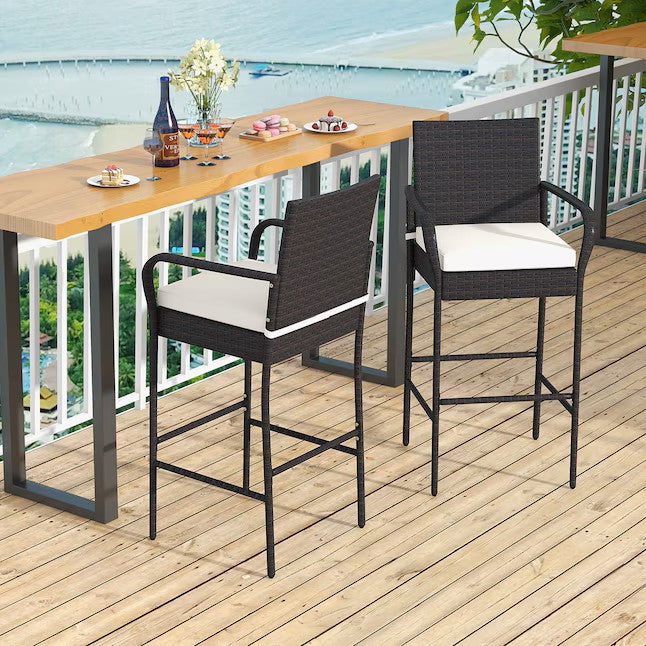 (New) Wicker Brown Rattan Frame Stationary Bar Stool Chair with White Solid Seat