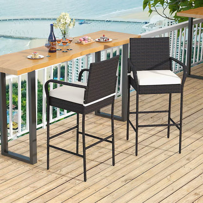 (New) Wicker Brown Rattan Frame Stationary Bar Stool Chair with White Solid Seat