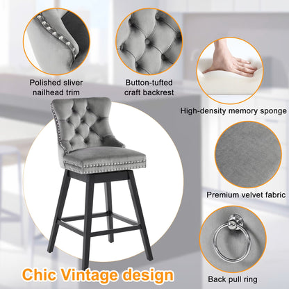 (New) 26 in. Gray Velvet Upholstered Counter Height Bar Swivel Stool
