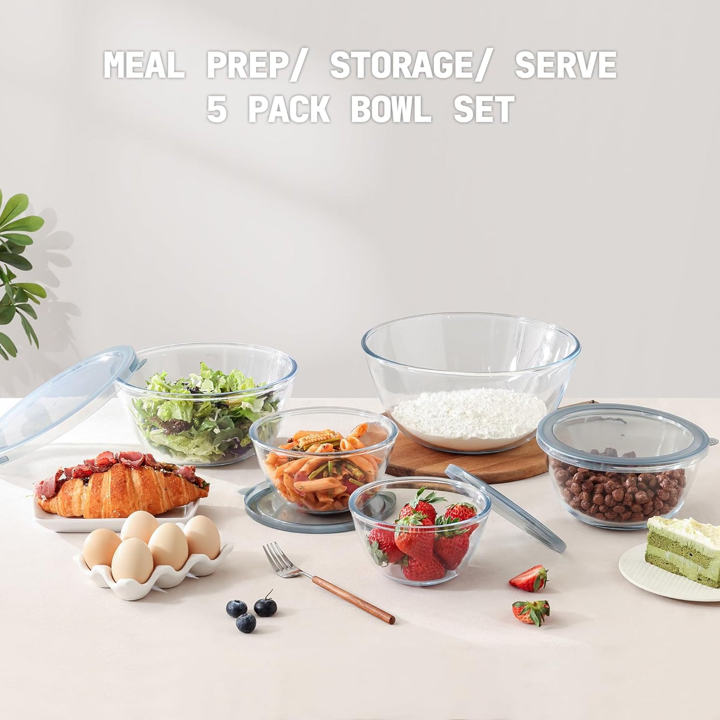 (New) 5pc Glass Mixing Bowls with Lids Set (4.65QT, 2.80QT, 1.64QT, 1.16QT, 0.85QT), Nesting Salad Bowl, Large Glass Mixing Bowl for Cooking, Baking, Prepping-Dishwasher Microwave Freezer Safe