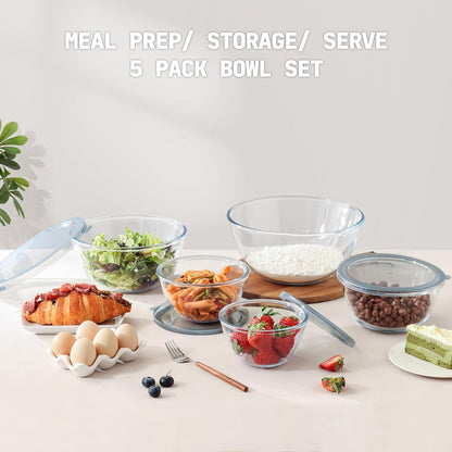 (New) 5pc Glass Mixing Bowls with Lids Set (4.65QT, 2.80QT, 1.64QT, 1.16QT, 0.85QT), Nesting Salad Bowl, Large Glass Mixing Bowl for Cooking, Baking, Prepping-Dishwasher Microwave Freezer Safe