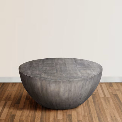 (New) 36 Inch Round Coffee Table, Handcrafted Drum Shape, Mango Wood with Olive Gray Finish