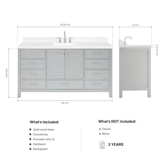 (New) ARIEL Cambridge 66-in Gray Undermount Single Sink Bathroom Vanity with Carrara White Quartz Quartz Top