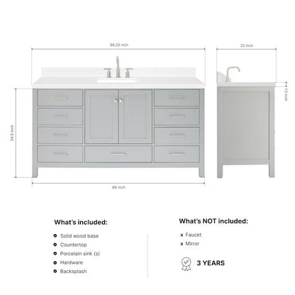 (New) ARIEL Cambridge 66-in Gray Undermount Single Sink Bathroom Vanity with Carrara White Quartz Quartz Top