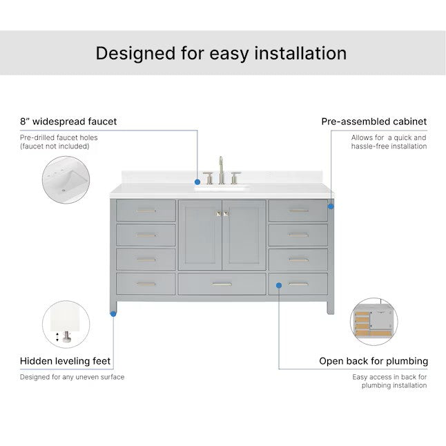 (New) ARIEL Cambridge 66-in Gray Undermount Single Sink Bathroom Vanity with Carrara White Quartz Quartz Top